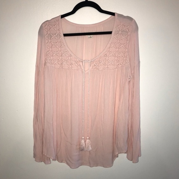 Boho Blush Pink Peasant Embroidered Blouse Soft Girl Cottagecore Tassel Top XS - Picture 3 of 9